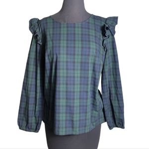 J. Crew ruffle shoulder long sleeve  tartan plaid pull over top size medium